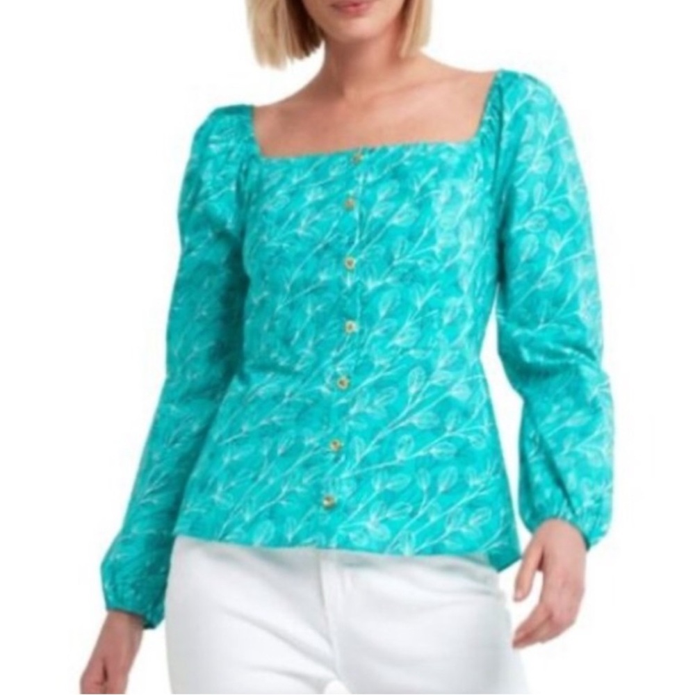 NWT Halston Mulberry Atlantis Puff Sleeve Square Neckline Button Top — Small